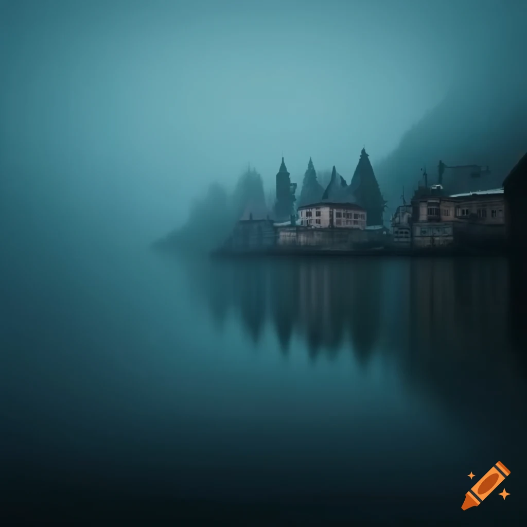 Dark and foggy lake town