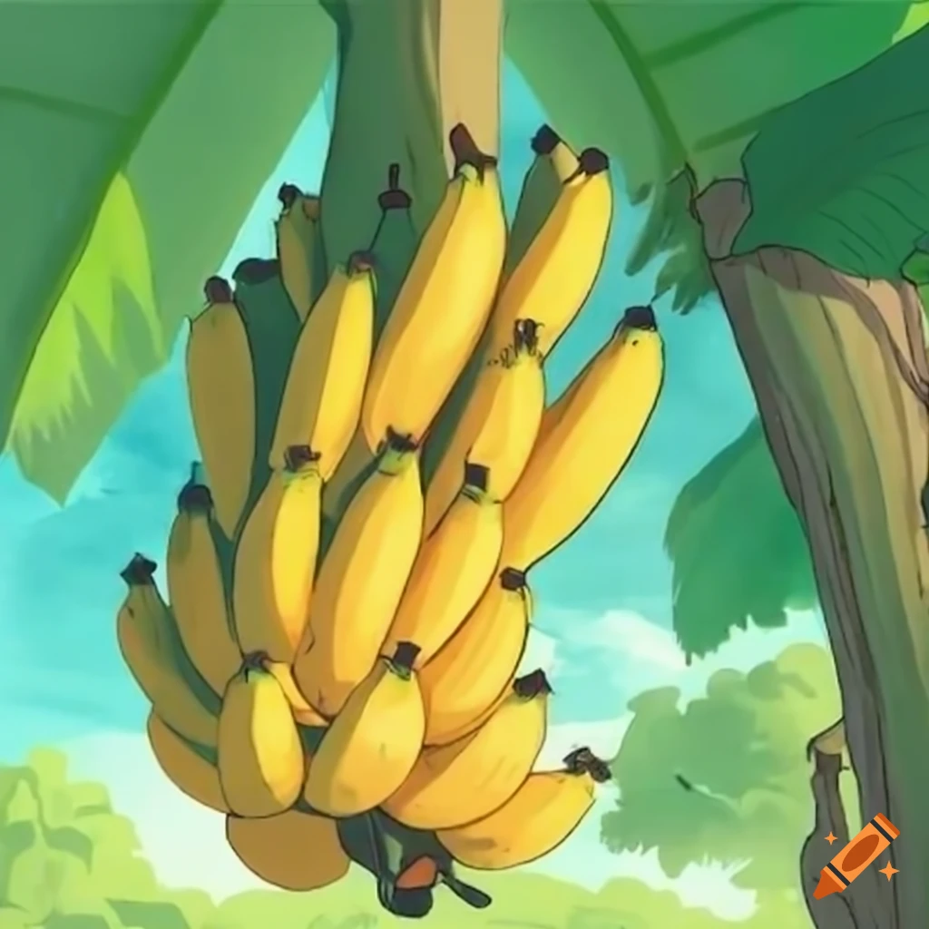 View inside a tree with a bunch of bananas in a Studio Ghibli style
