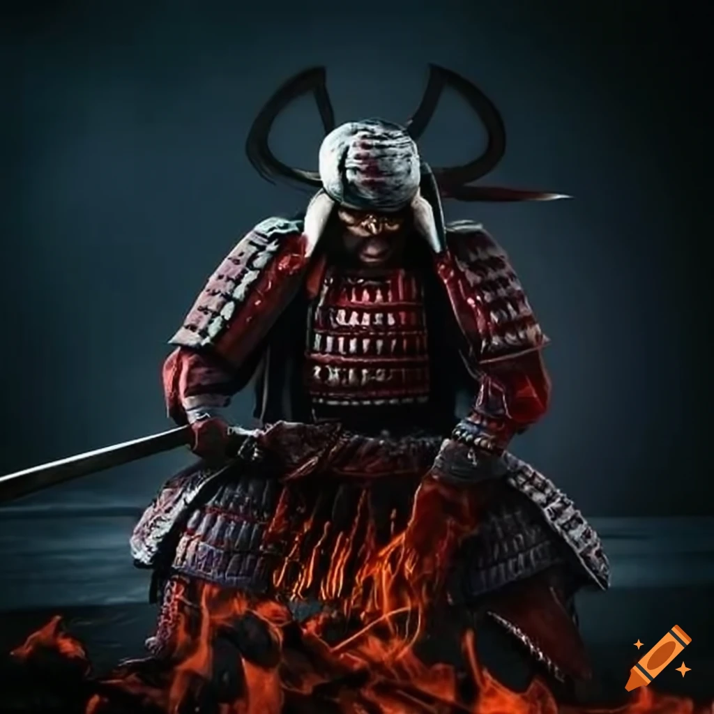 Samurai sharpening sword by campfire after battle