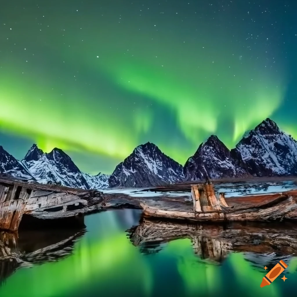 Aurora over Lofoten Mountains with full moon reflections and a wooden shipwreck