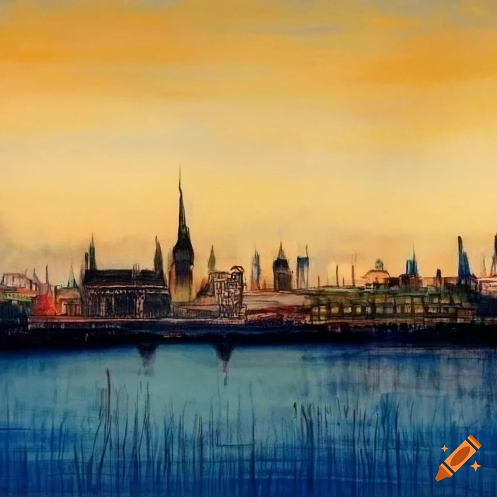 Color pencil drawing of Glasgow City Skyline with Clyde in Foreground at dusk in summer