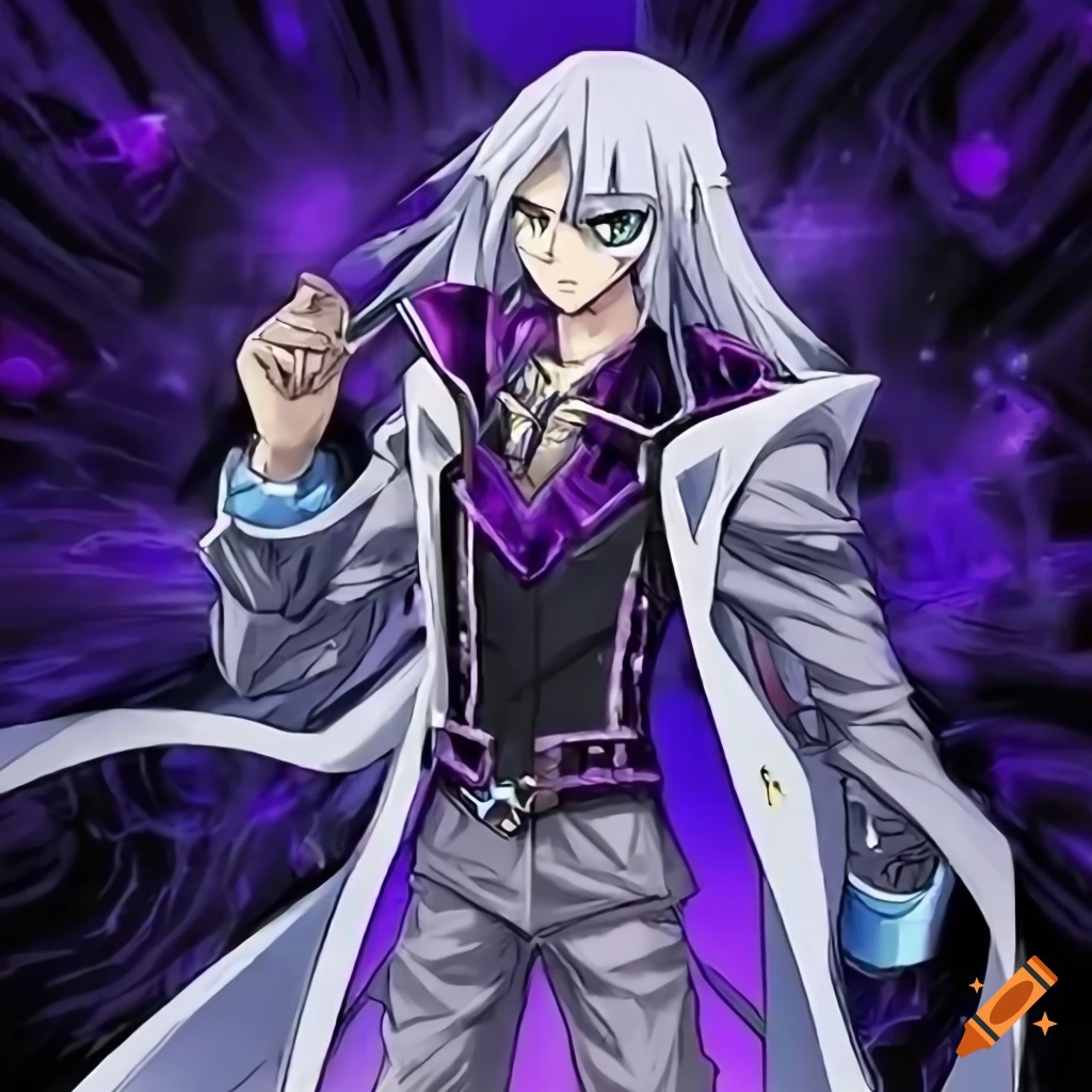 Yugioh-style character with long white hair and dark clothes crossing arms