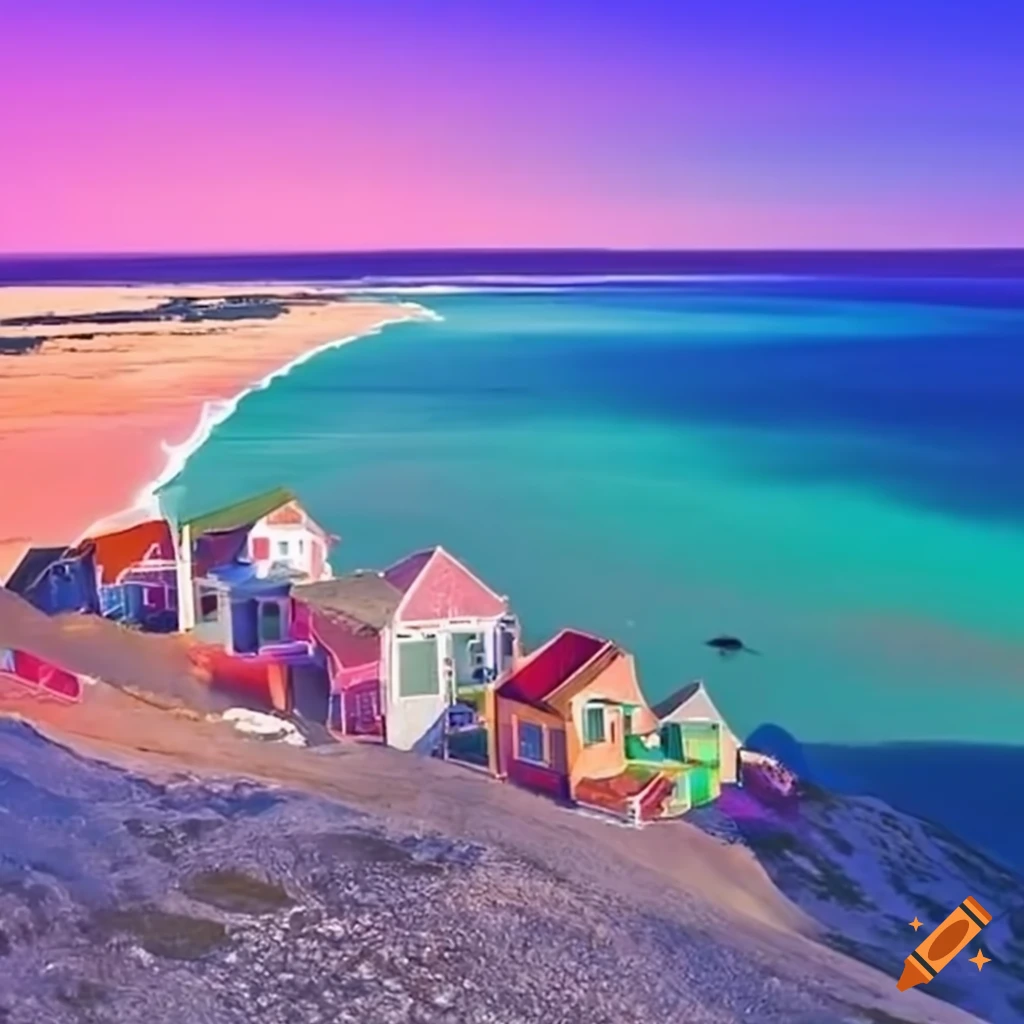 Colorful beach town with pink sands, blue bay, and candy-colored houses