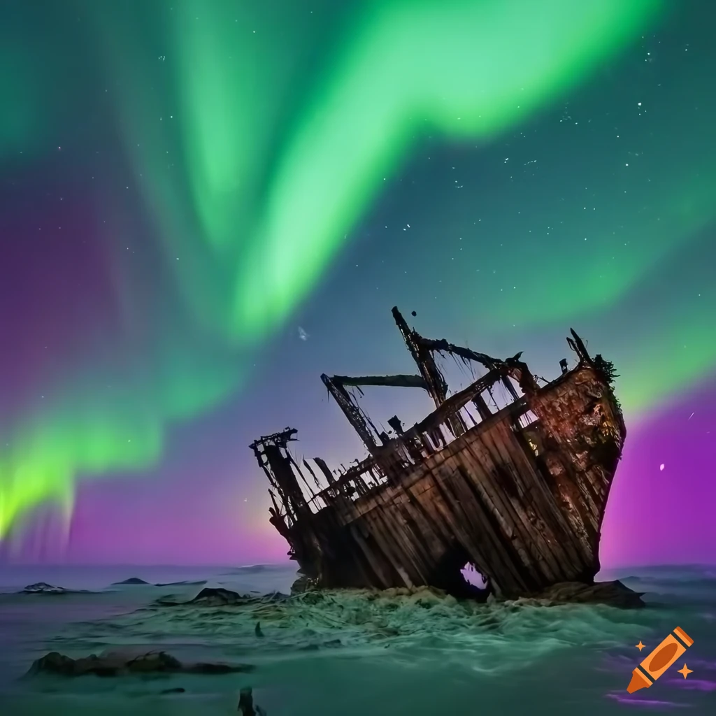 Historic shipwreck on Arctic shore with green and purple Aurora and rugged mountains