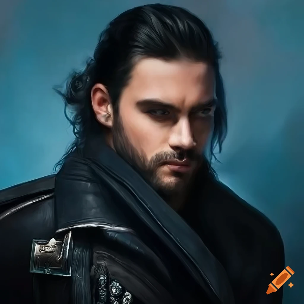 Portrait of a stylish paladin in a black jacket with blue details