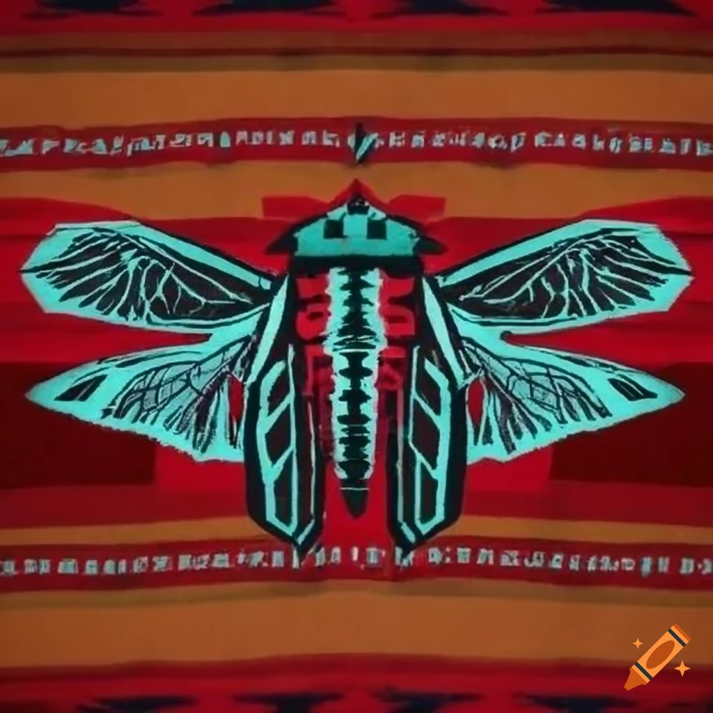 Vibrant traditional Cherokee blanket with cicada motif design