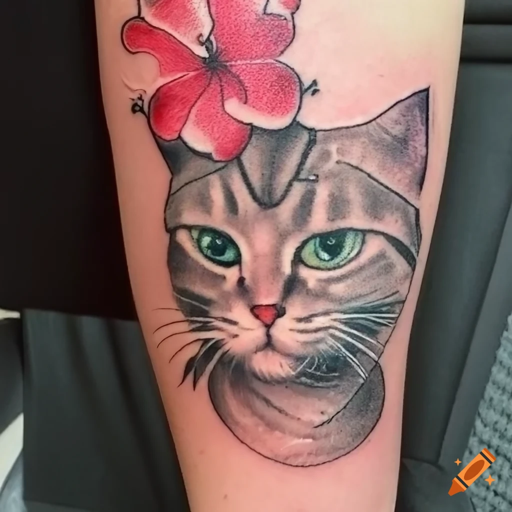 Hip and thigh tattoo with floral themes and hidden symbols