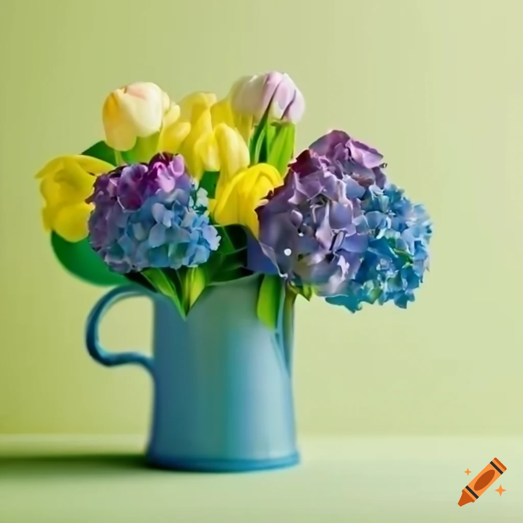 Bouquet of blue and green hydrangea with yellow and purple tulips in a cream milk pitcher