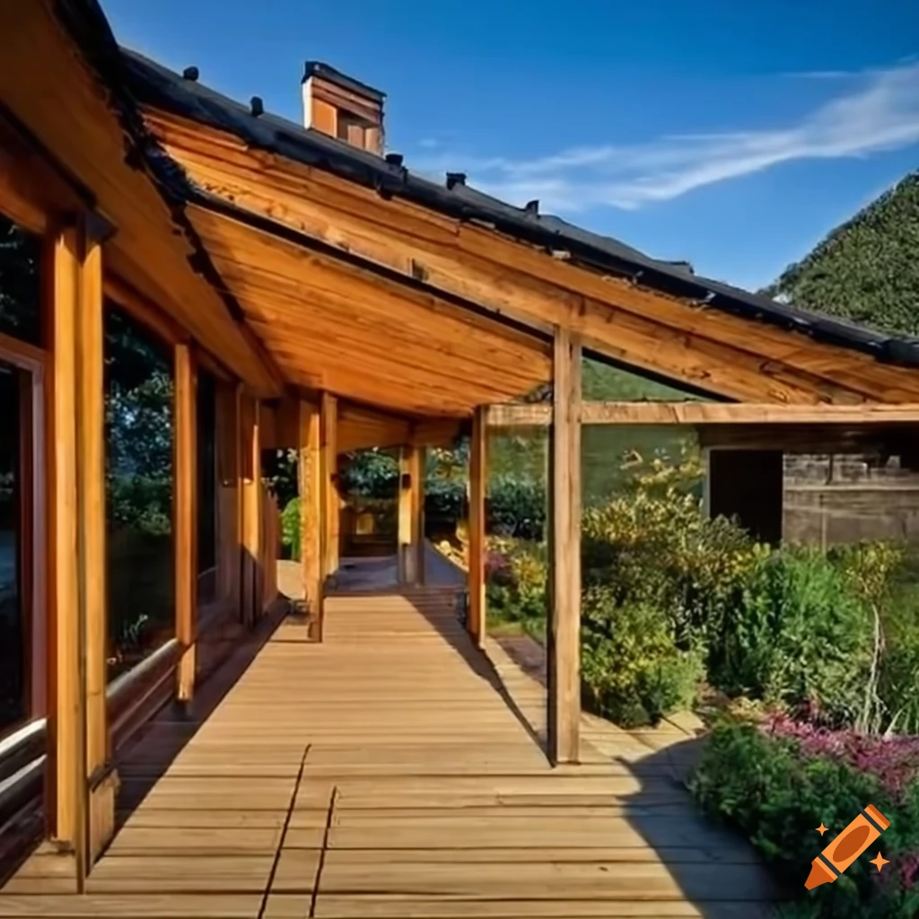 House with wooden terrace, cladding, pergola, and tiled roof