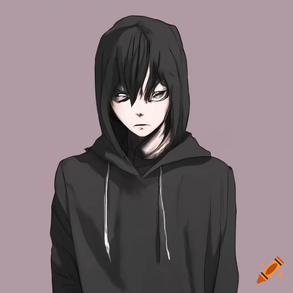Portrait of a young man with black manga hair and a black hoodie