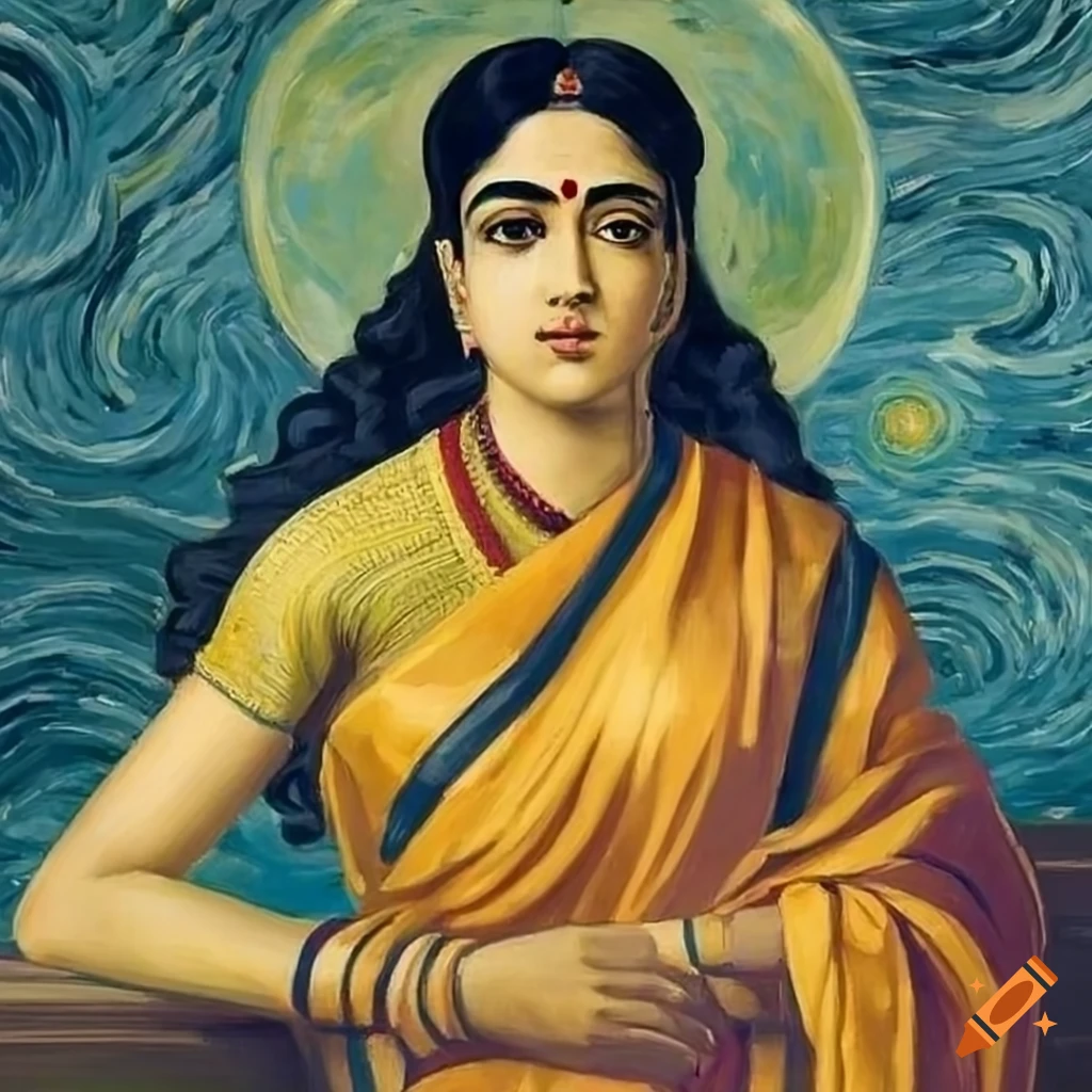 Modern Indian woman in saree under a starlit night sky inspired by Van Gogh and Raja Ravi Varma