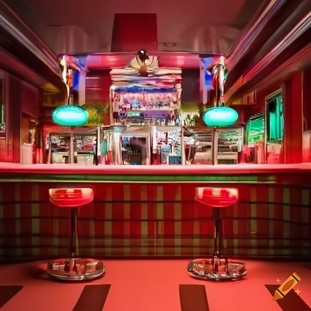 Colorful 50s style diner with jukebox on Craiyon