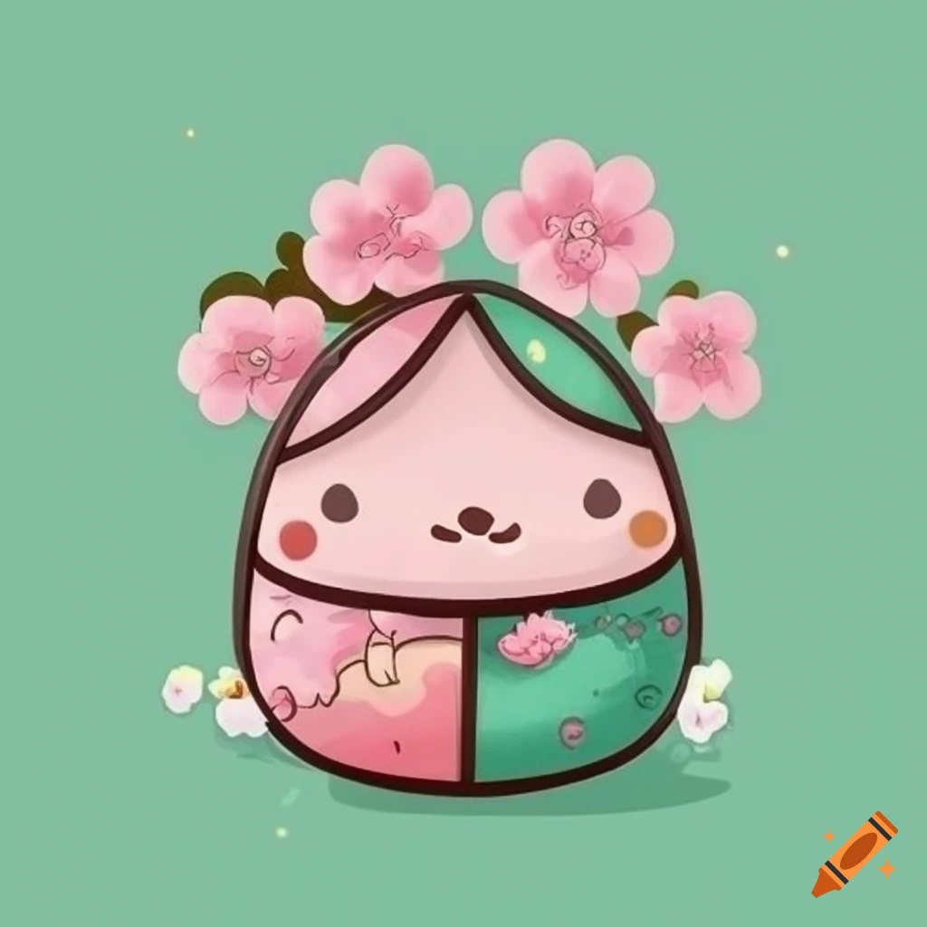Onigiri and cherry blossoms with a Sanrio-inspired mascot in pastel colors