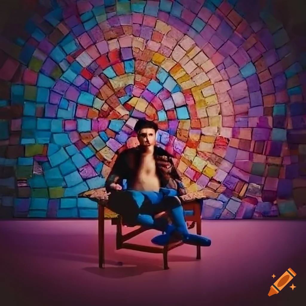 Intricate mosaic of a man and a client in a therapy office with vivid colors