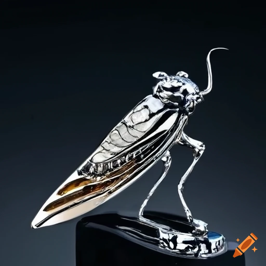 Chrome cicada hood ornament on a car on Craiyon