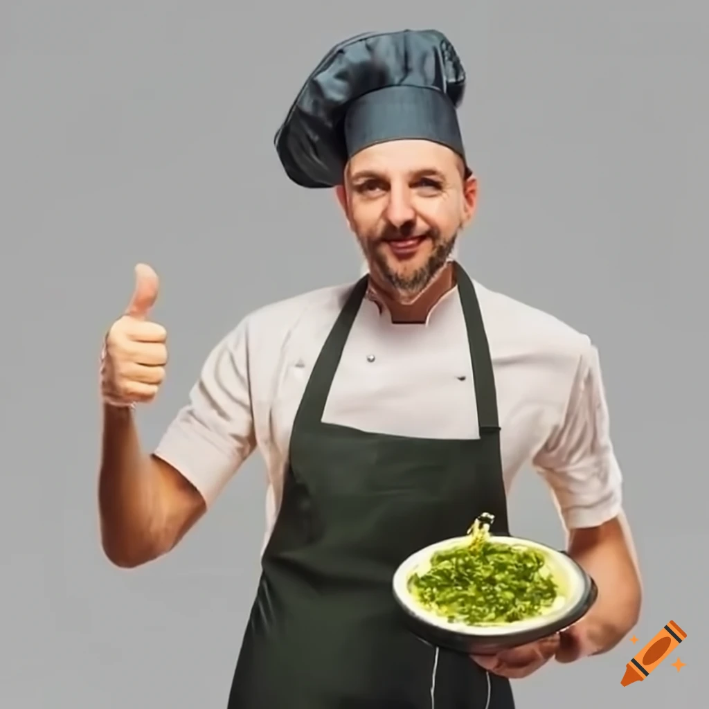 Italian chef serving pesto pasta with a thumbs up gesture