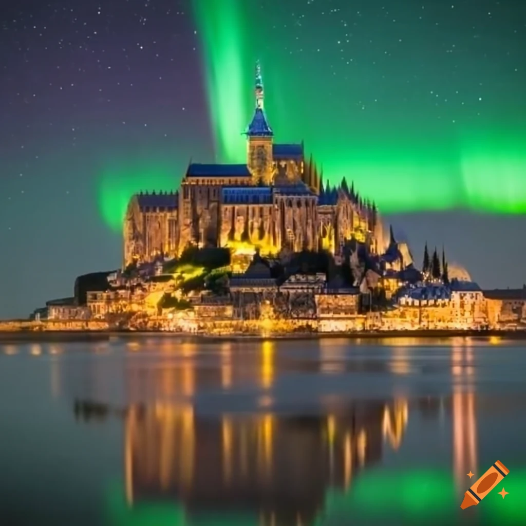 Mont Saint Michel with boreal Aurora at night