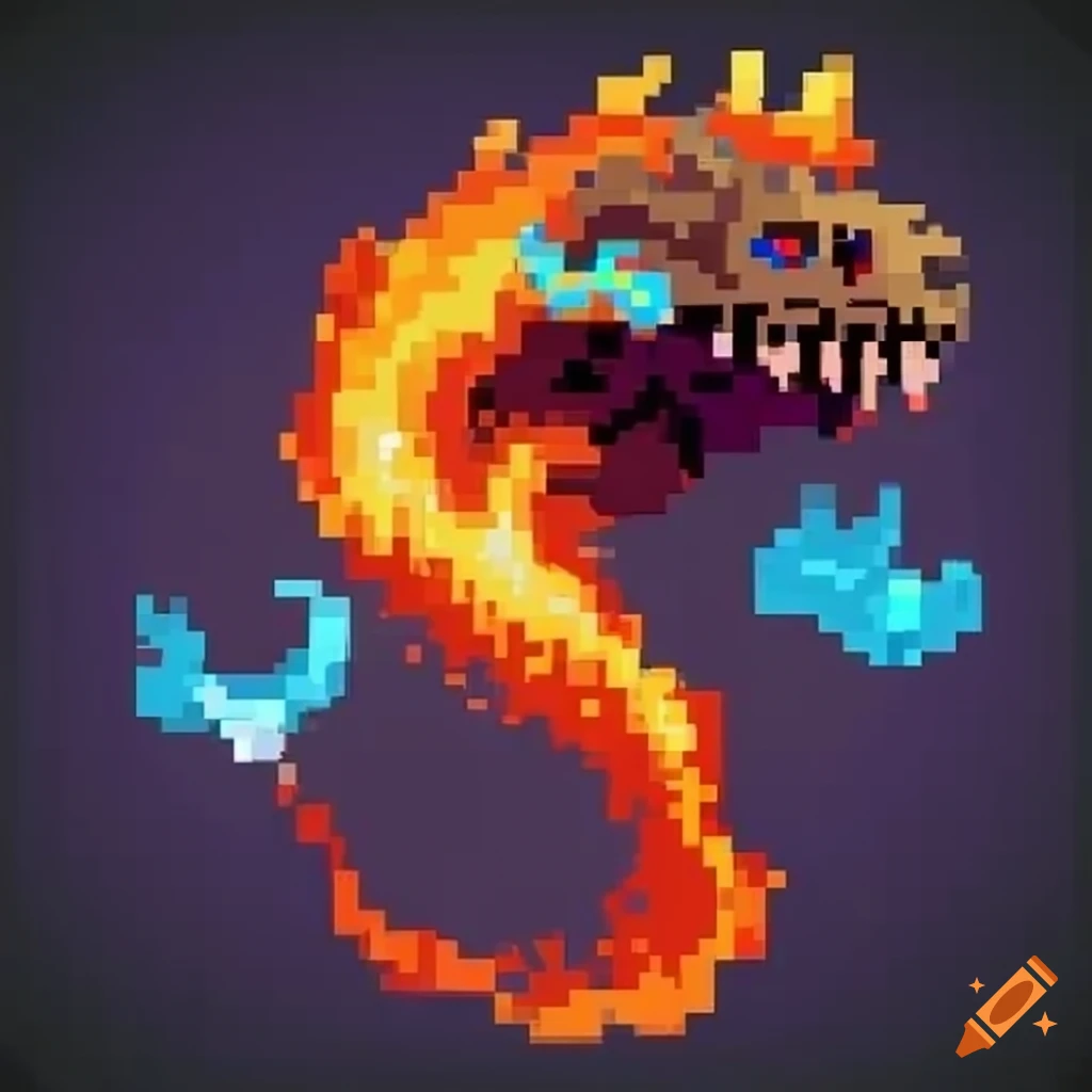 Pixel art monster battle between water and fire elements on Craiyon