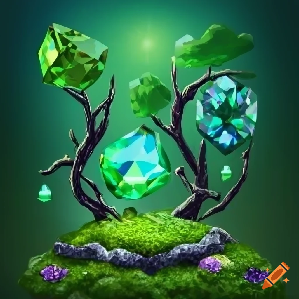 Moss diamond among gemstones in fantasy art style