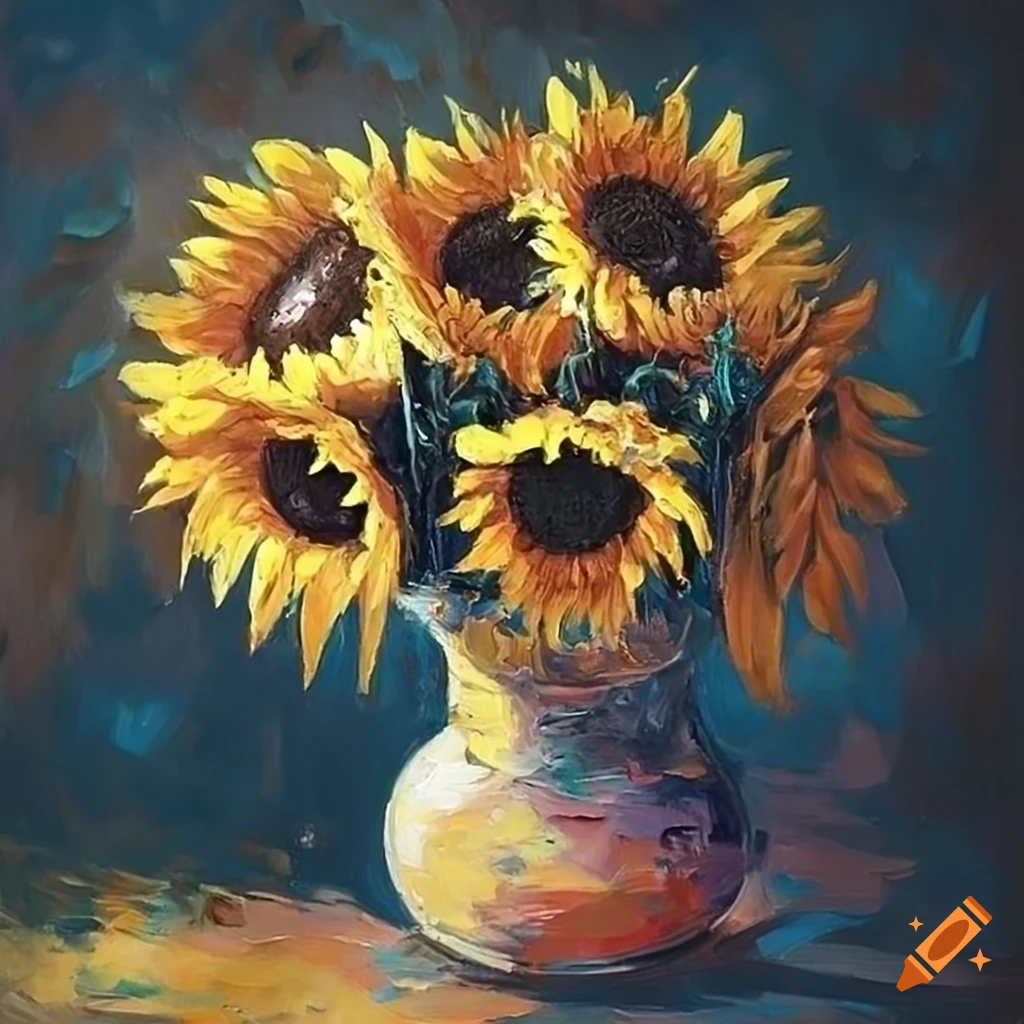 Vase of sunflowers in vintage light palette knife painting style on Craiyon