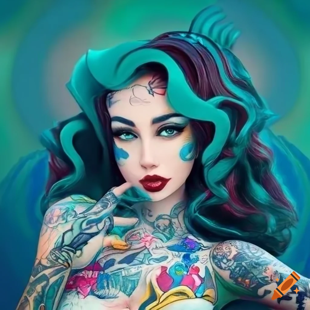 Ariel transformed into a pinup model with psychedelic tattoos