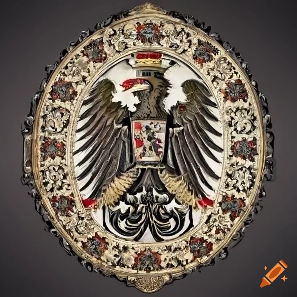 Intricately detailed German coat of arms with eagles, daggers, diamonds and calligraphy