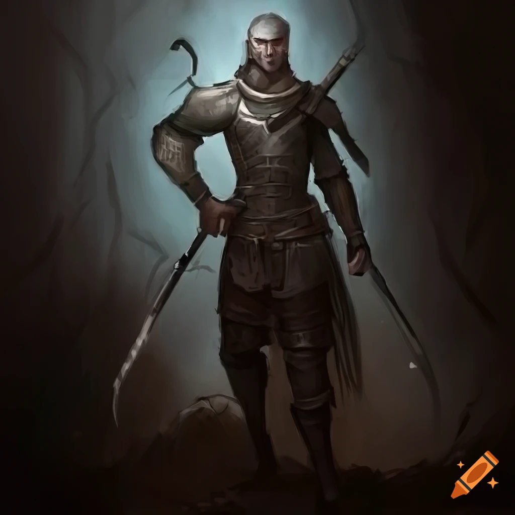 Detailed artwork of a stern male rogue with grey eyes, hair, cloak, and light armor