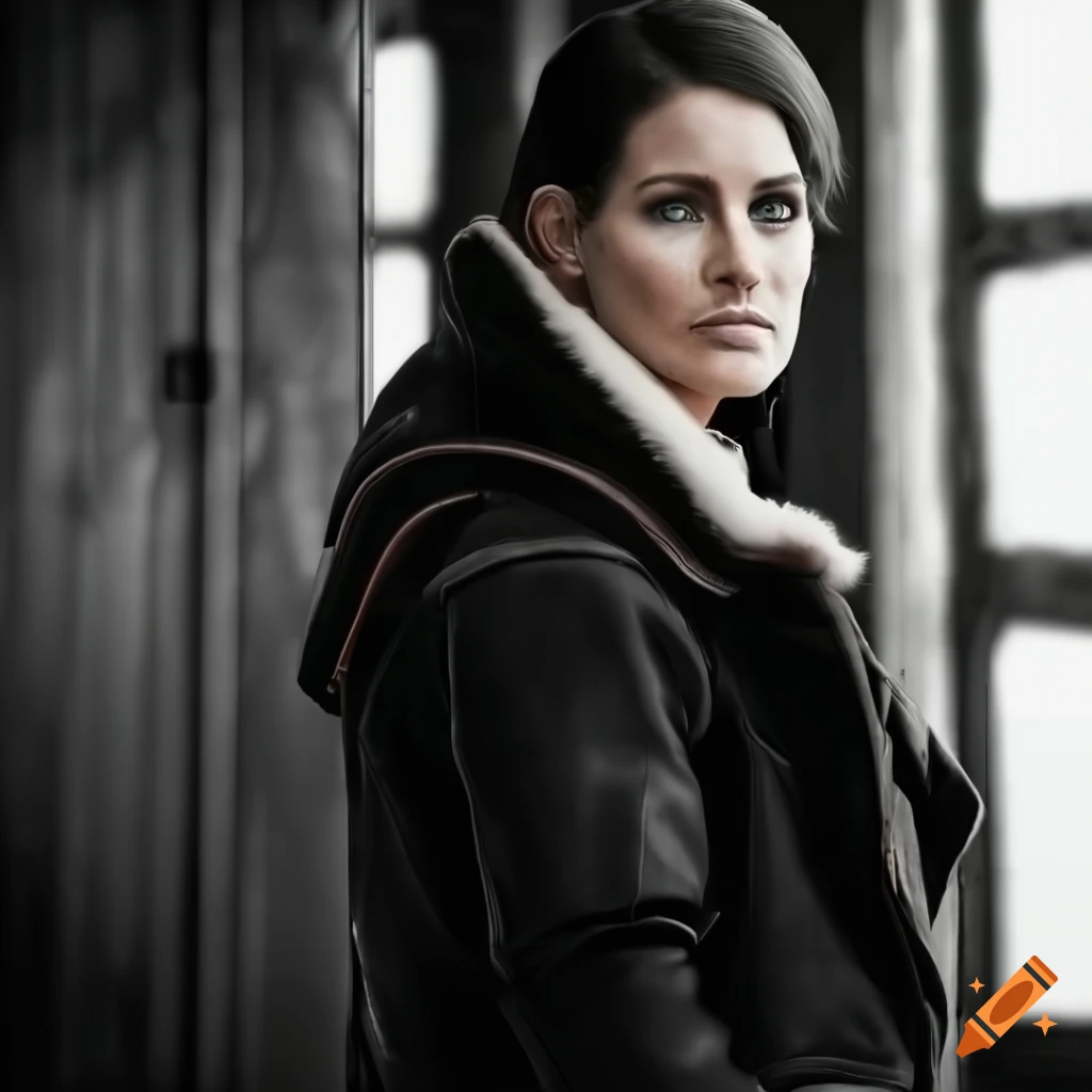 Young woman in brown sheepskin bomber jacket and black leather trousers standing in barn doorway