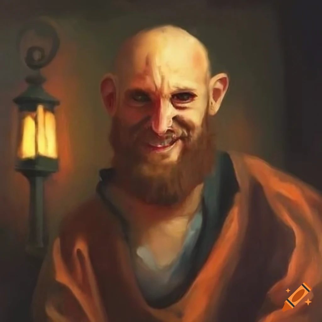 Sinister man with lance sitting in front of lantern in a painting