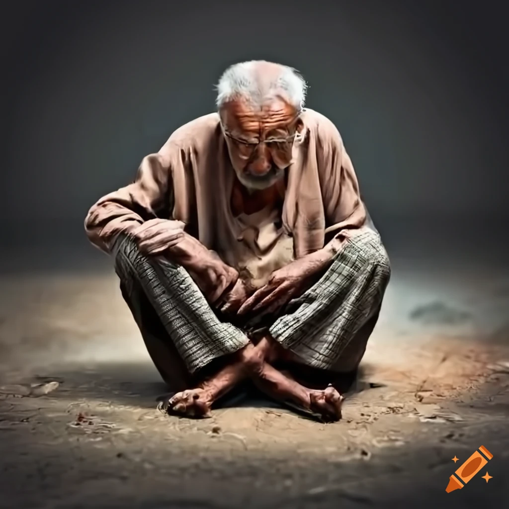 Old man sitting on the ground handing out money