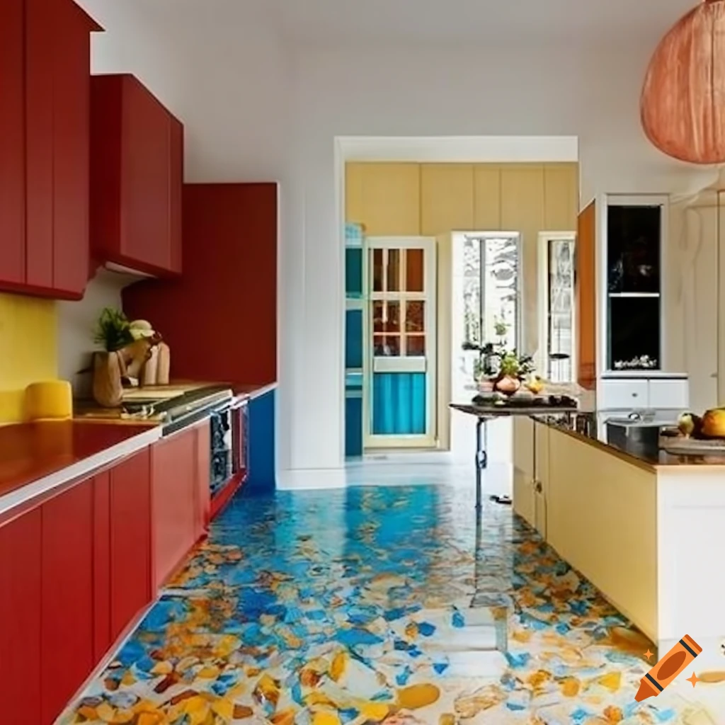 Post-modern house kitchen with colorful decor elements