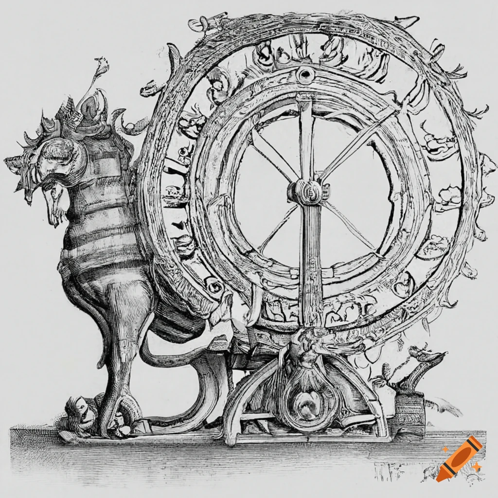 Dynamic wooden carving of a chariot pulled by mythical creatures