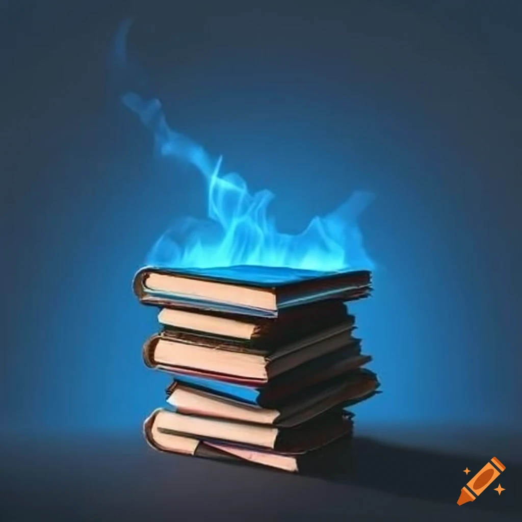 Library with a stack of books illuminated by blue fire