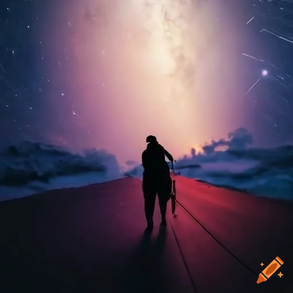 View from behind of a person walking a dog under a starlit sky at dusk