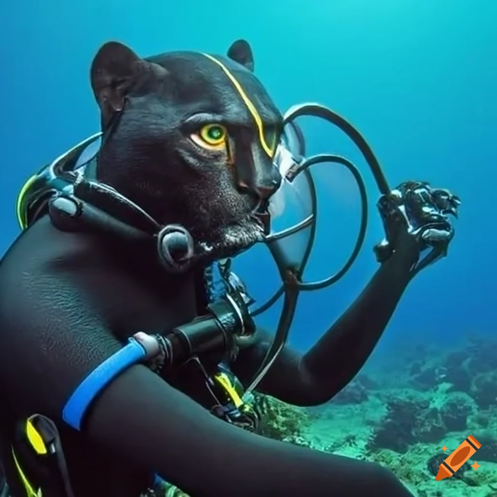 Wild black panther as a scuba diver with full equipment