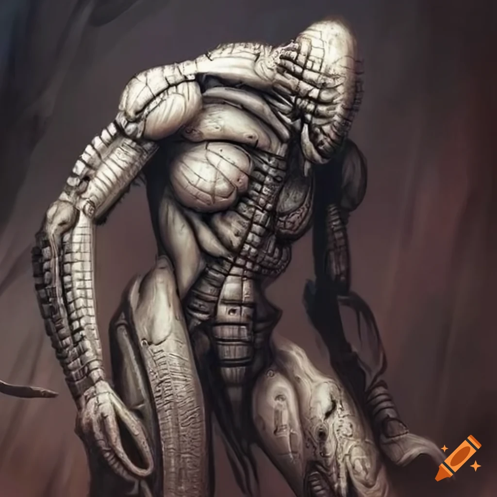 Menacing biomechanical warrior in an otherworldly fantasy illustration