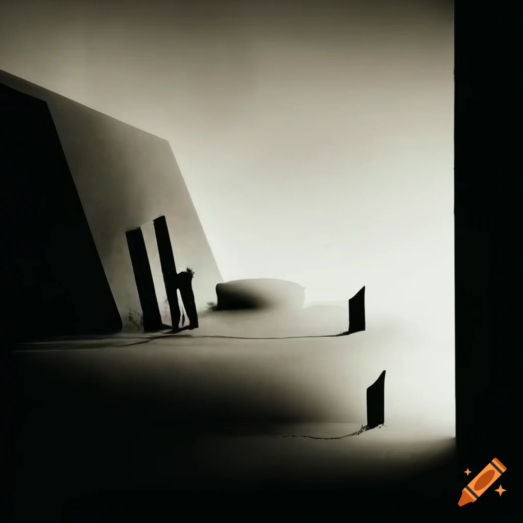 Retro surrealist art with rooms, windows, and strange sky forms in white-black-grey sepia tones