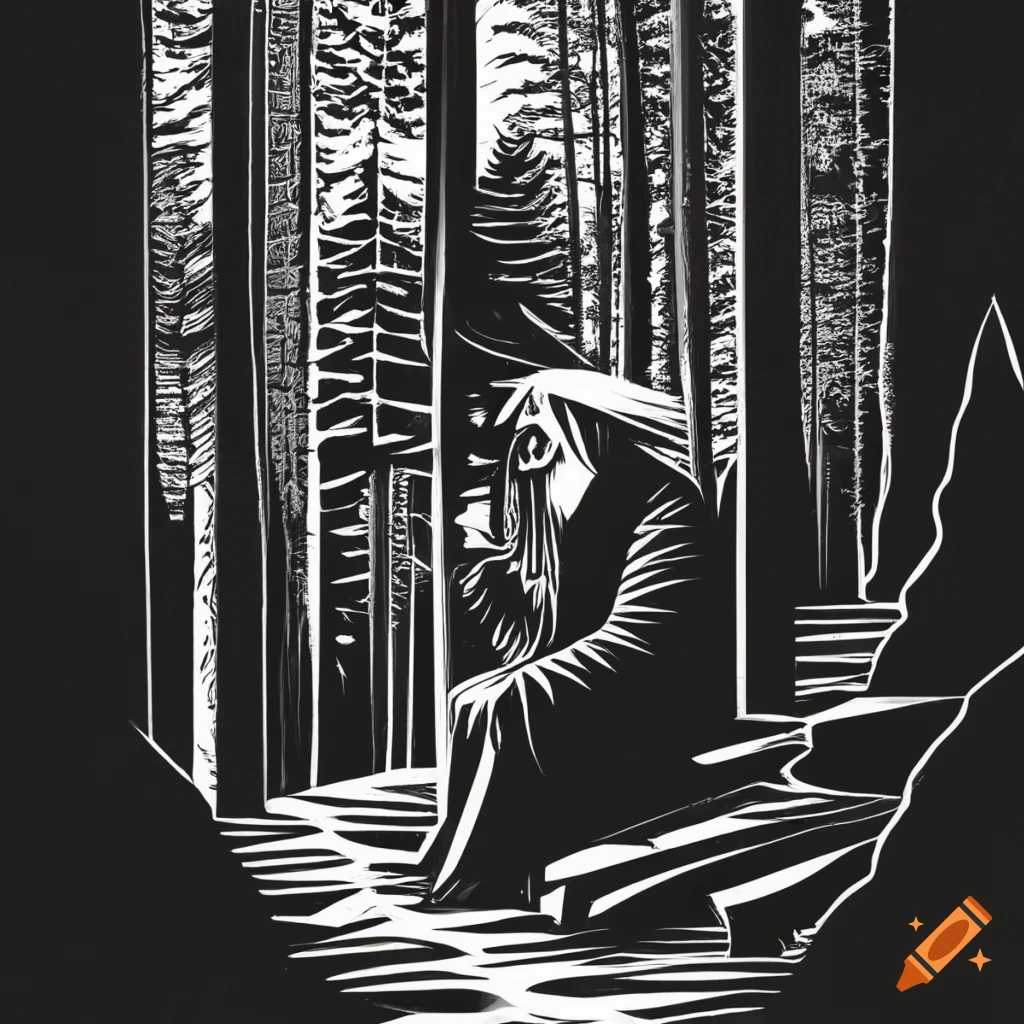 Minimalist tarot card with a hermit near a forest cabin in black and white woodcut style
