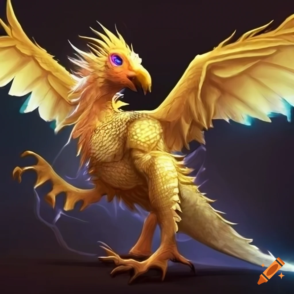 Mythical hybrid with lizard, chocobo, and bat features, yellow feathers