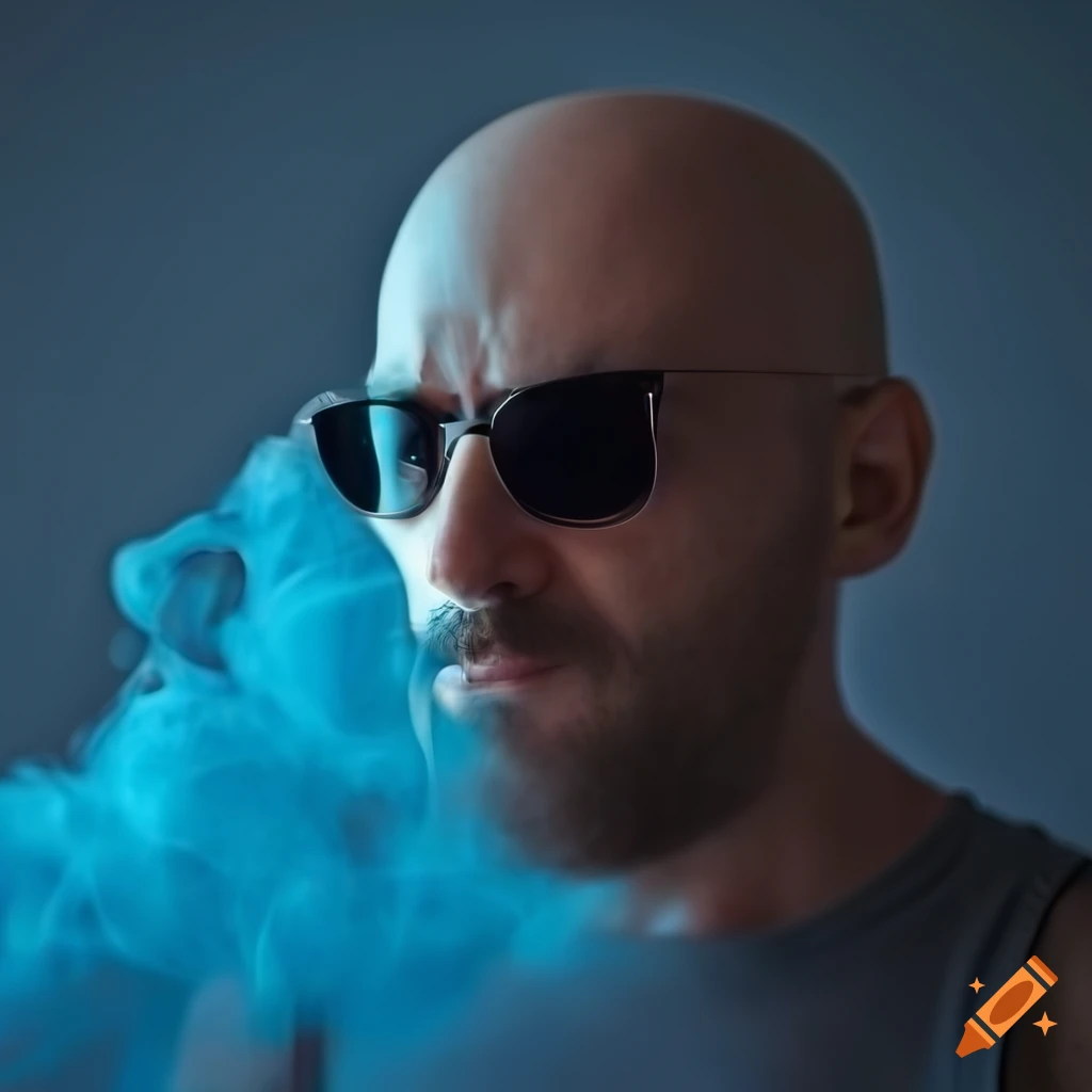 Bald man with sunglasses backlit by swirling blue smoke