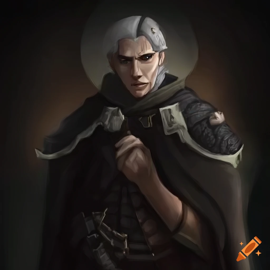 Detailed artwork of a stern male rogue with grey eye and hair, black cloak and light armor