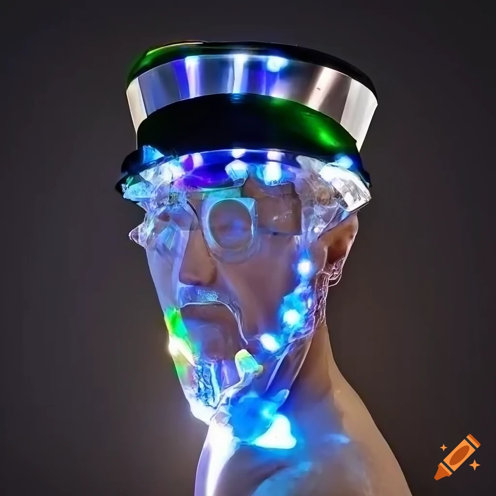 Elderly man with futuristic crystal shard top hat and LED lights