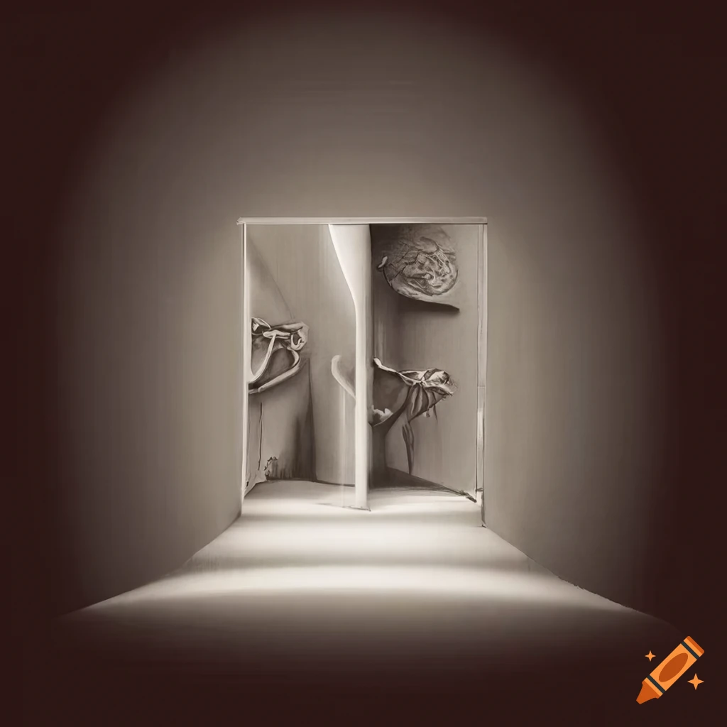 Graphic surrealist art with retro 1950 vibes featuring rooms, windows, and strange forms in sepia tones