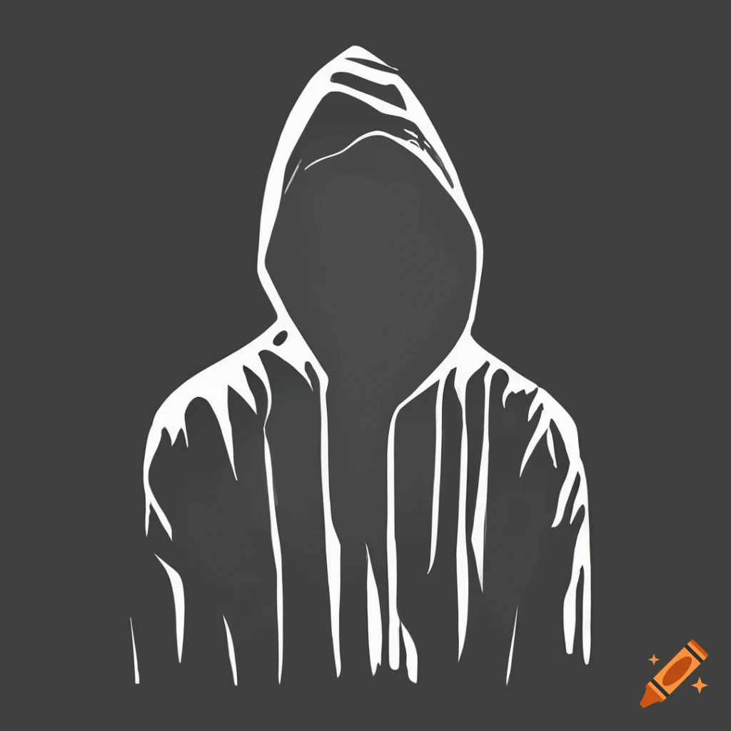 Black and white minimalist stencil art of a hooded figure facing forward