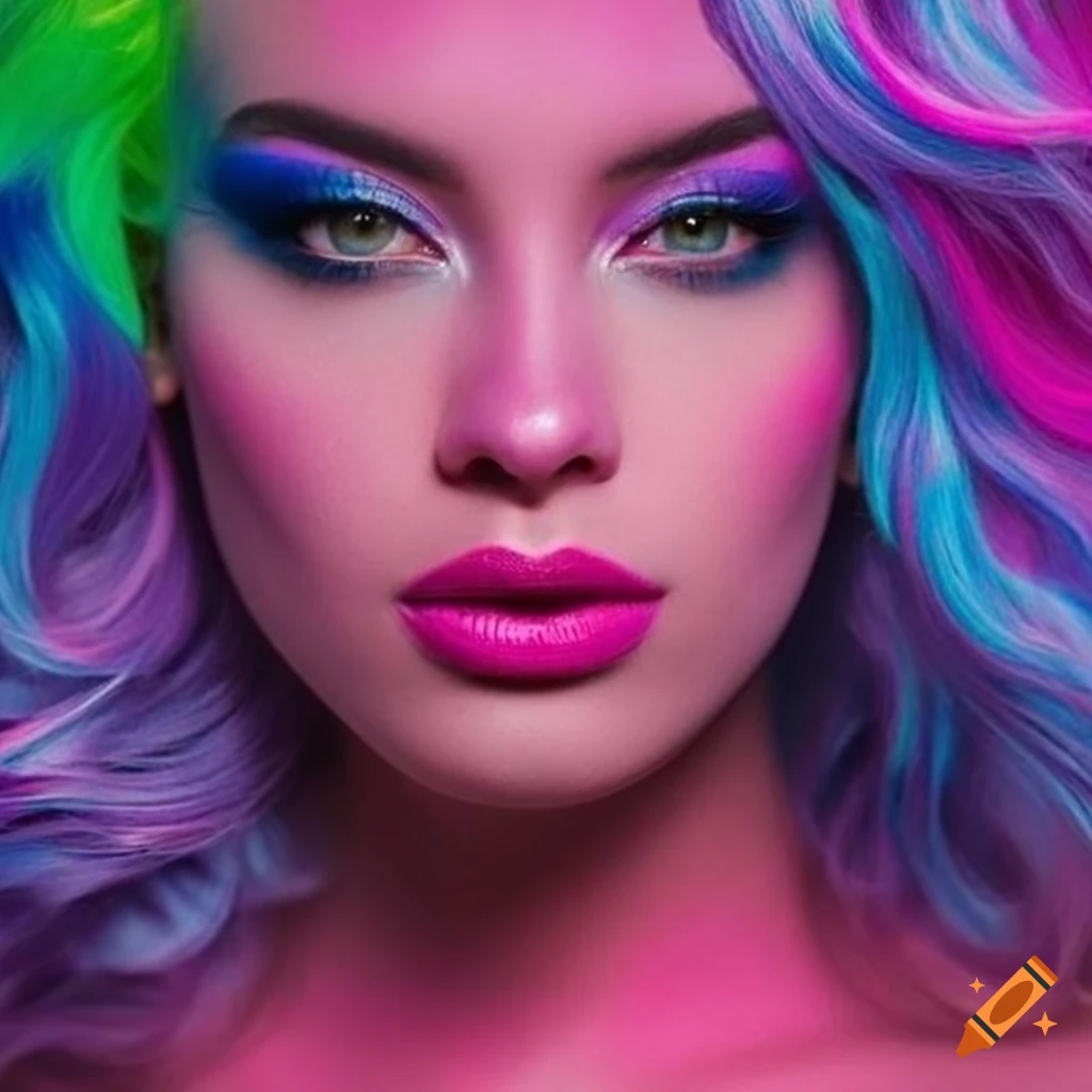 Woman with neon hair and pink makeup in an intricate colorful design