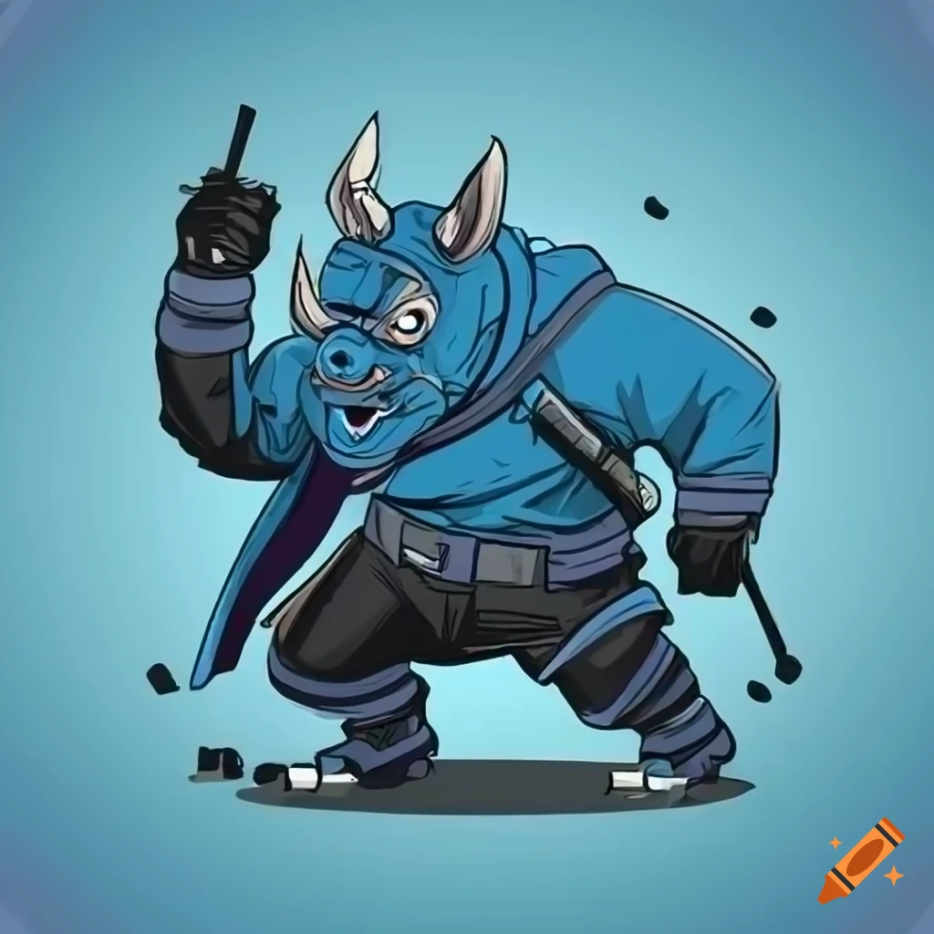 Cartoon cyberpunk ninja rhino in blue jacket with cityscape background