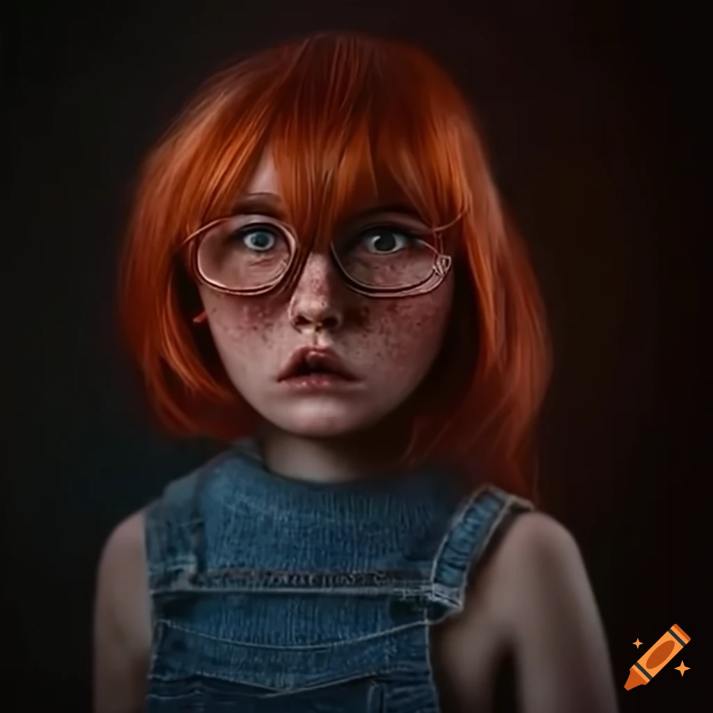 Red-haired girl with glasses and freckles trapped in a corner by a scary monster