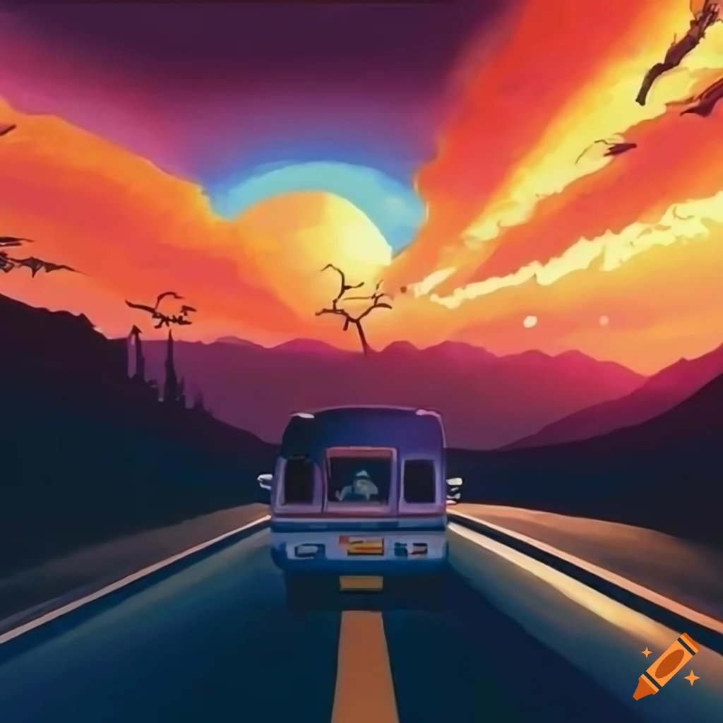 Rv driving towards distant mountains on a country road during sunset ...