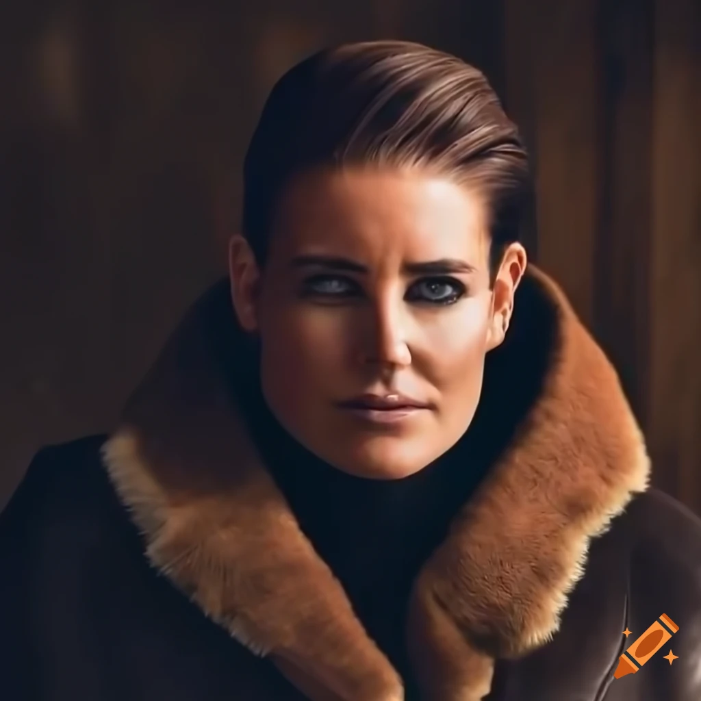 Woman in brown sheepskin jacket and black leather trousers standing in barn doorway