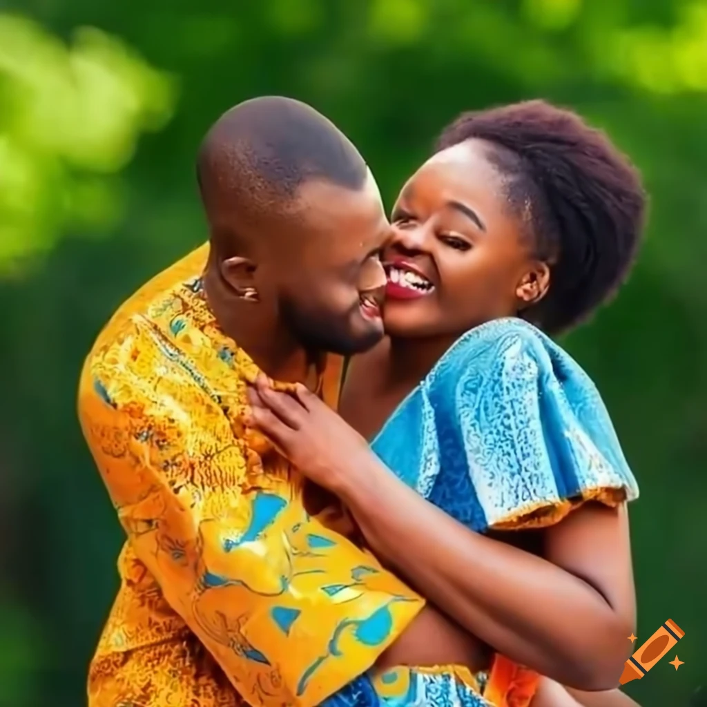 African couple in traditional attire embracing in a sunny park
